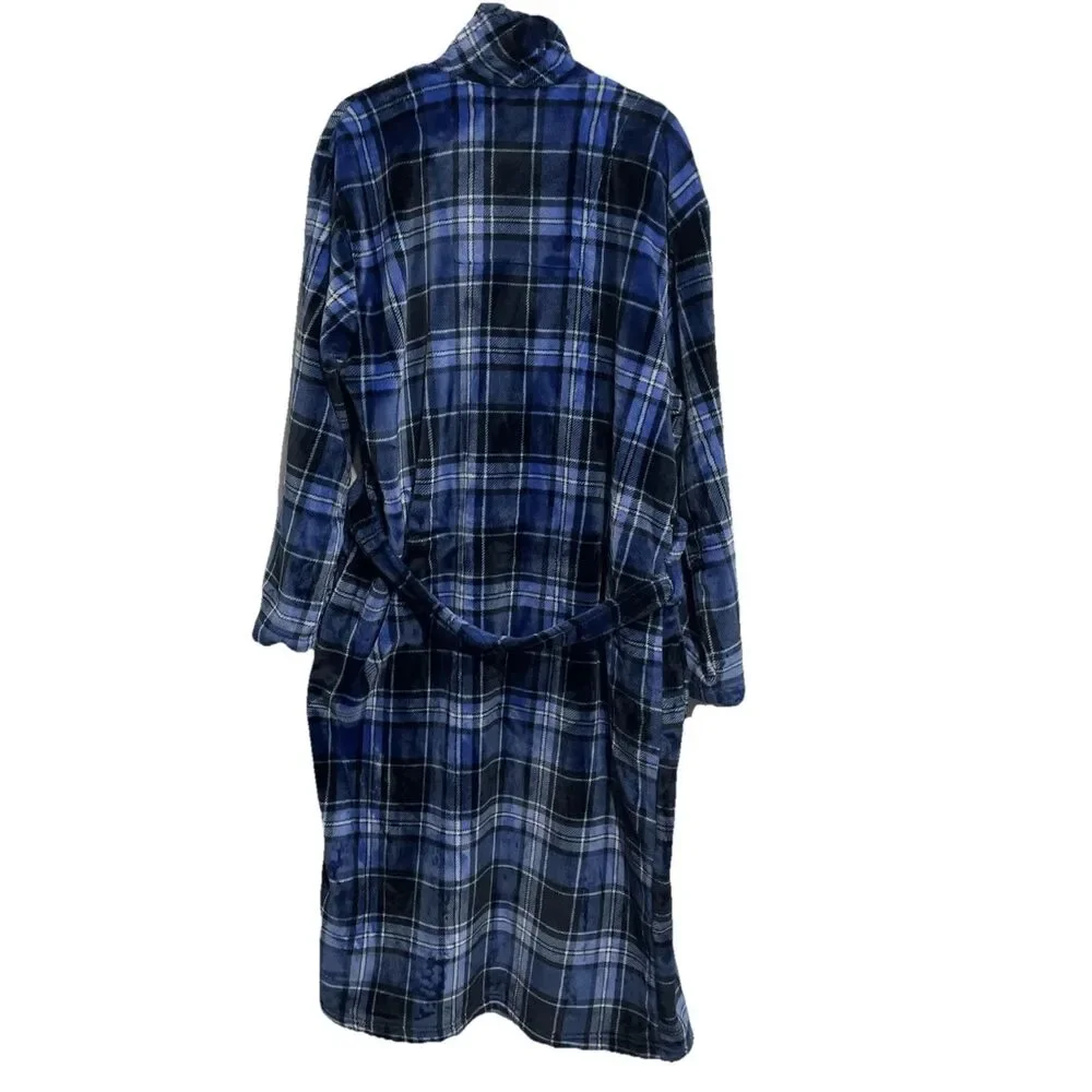 Roundtree & Yorke Men’s Navy Plush Robe One Size Soft Cozy Bath Lounge - Picture 10 of 14